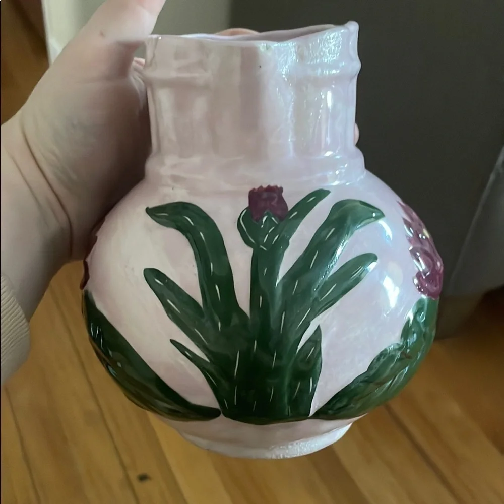 1950’s Hand Painted Floral Ceramic Pitcher, pink